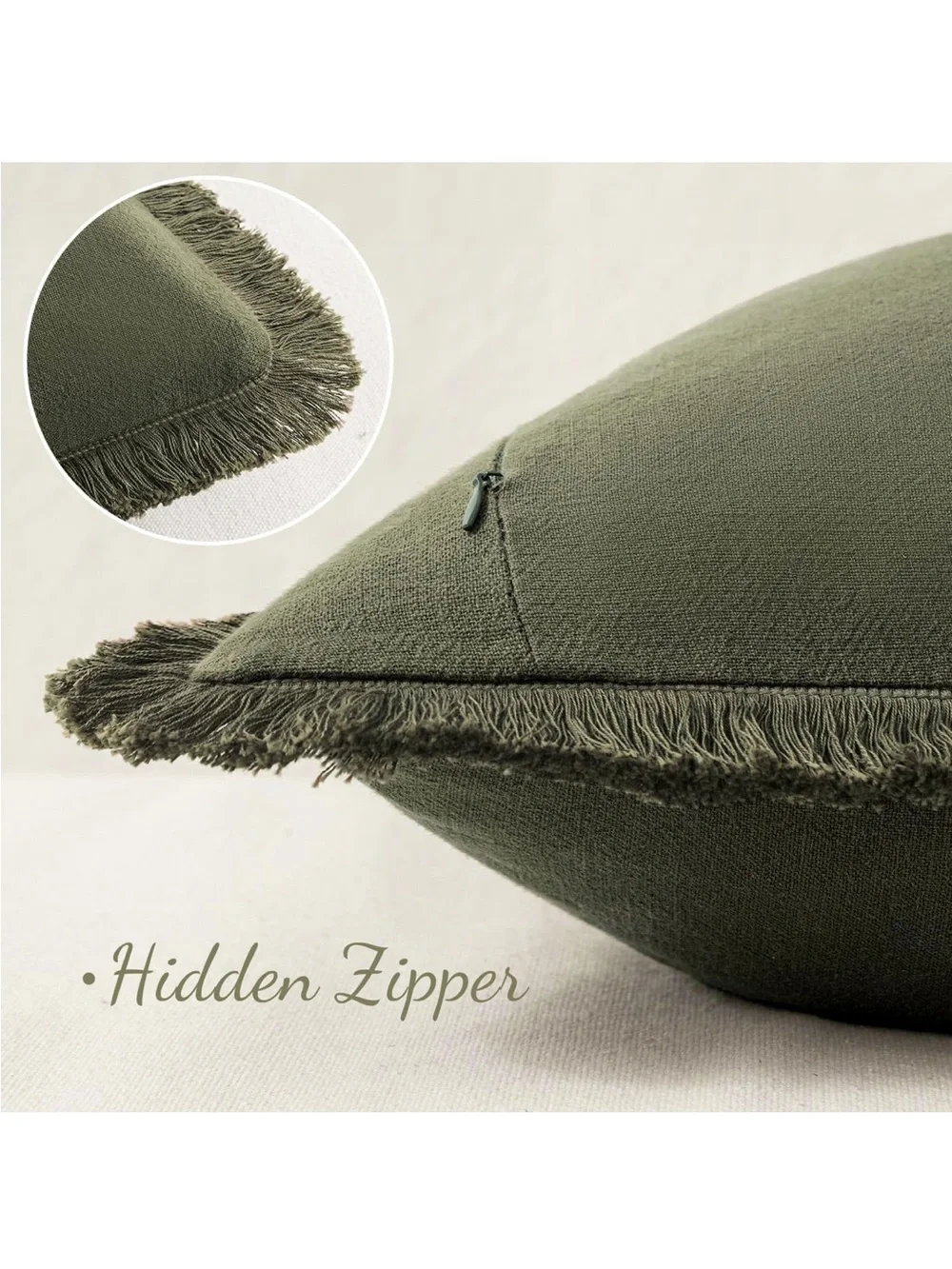 NEW MIULEE Linen Fringe Decorative Euro Throw Pillow Covers Olive Green 24”x24”
